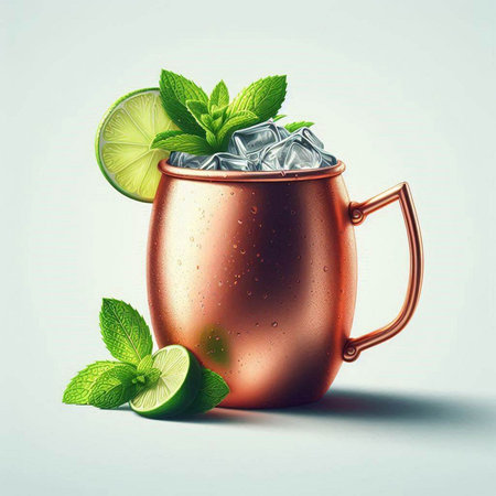Mojito cocktail in copper mug with lime and mint leaves.のイラスト素材