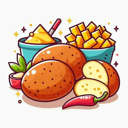 Illustration of a set of potatoes, chips and chili peppers.のイラスト素材
