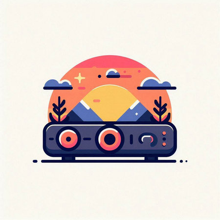 Vector illustration in flat linear style. Music player with a speaker, mountains, sun and clouds.のイラスト素材