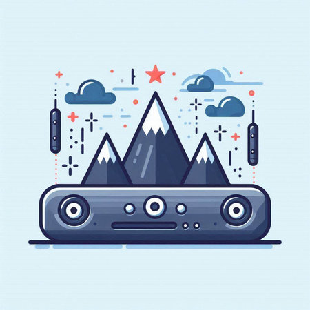 Vector illustration in flat linear style on blue background with mountains, clouds, music player.のイラスト素材