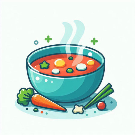 Illustration of a bowl of soup with vegetables. Cartoon style.のイラスト素材