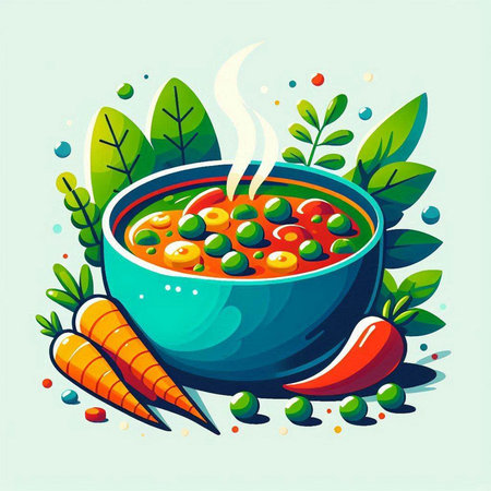 Vegetable soup in bowl with carrots and greens. Vector illustration.のイラスト素材