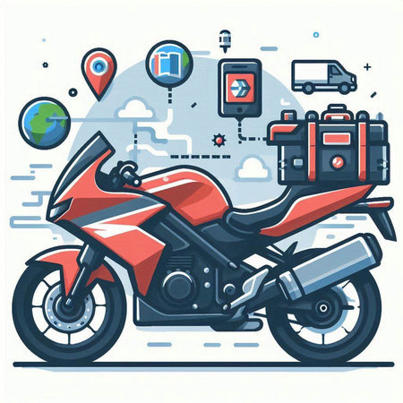Vector illustration of a motorcycle with luggage, map and location pin.のイラスト素材