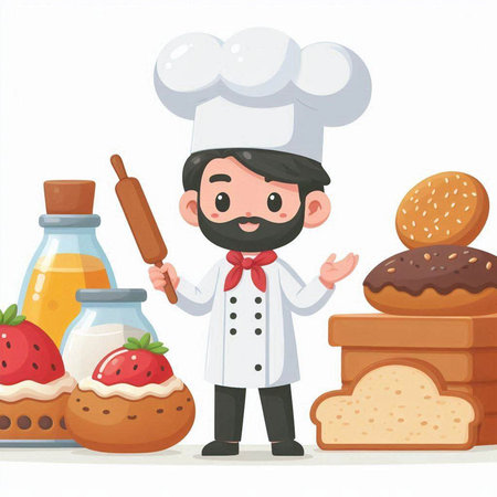 Chef cooking with strawberry cake. Vector illustration in cartoon style.のイラスト素材