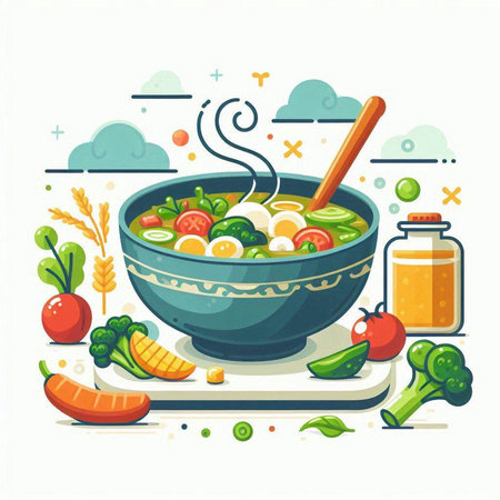 Vegetable soup in a bowl with spoon. Vector illustration.のイラスト素材