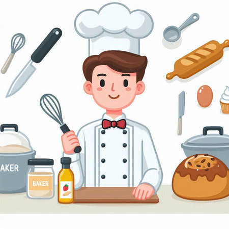 Illustration of a cartoon chef cooking in the kitchen. Vector illustration.のイラスト素材