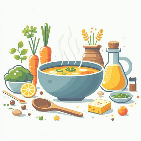 Vegetable soup in a bowl with ingredients. Vector illustration.のイラスト素材