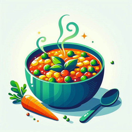 Vector illustration of a bowl of vegetable soup with carrots and peas.のイラスト素材