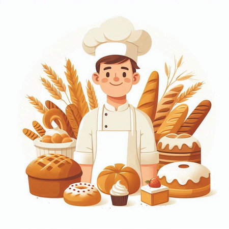 Baker with bread and bakery products. Vector illustration in cartoon styleのイラスト素材