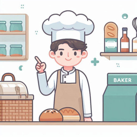 Vector illustration of a young male baker standing near counter in bakery.のイラスト素材