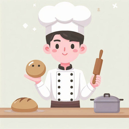 Chef with bread and rolling pin, vector illustration, eps10のイラスト素材