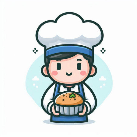 Cute boy chef holding cupcake cartoon vector illustration. Cute little boy chef cartoon character design.のイラスト素材