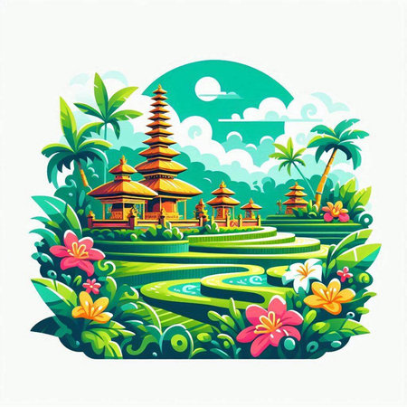 Pura Ulun Danu Bratan temple in Bali, Indonesiaのイラスト素材