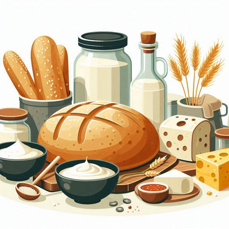 Illustration of a set of products for bread and dairy products.のイラスト素材