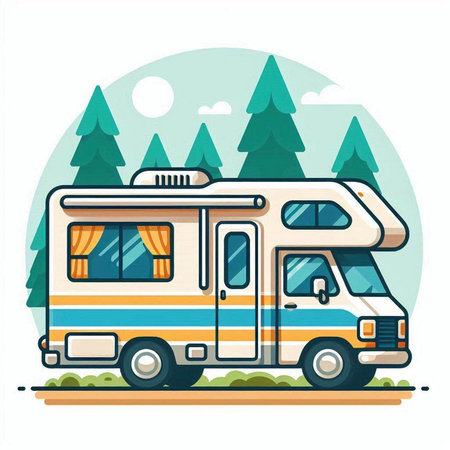 Camping trailer. Vector illustration in flat design style. Can be used for topics like travel, vacation, tourismのイラスト素材
