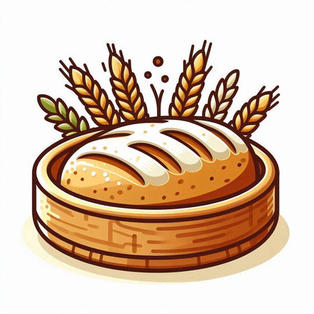Illustration of a loaf of bread with wheat ears on a white backgroundのイラスト素材
