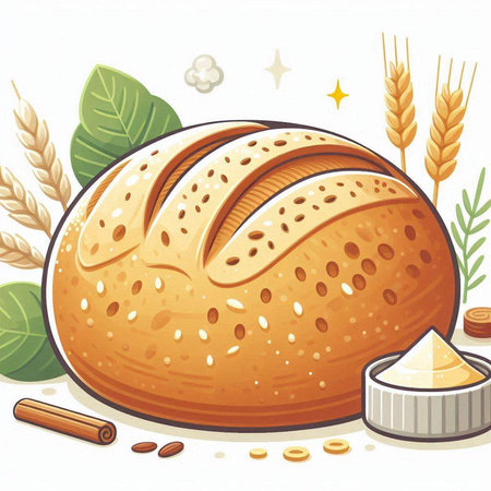 Illustration of a loaf of bread with wheat grains and cinnamon.のイラスト素材