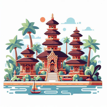 Hindu temple on the water. Vector illustration in flat style.のイラスト素材