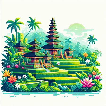 Pura Ulun Danu Bratan temple in Bali, Indonesiaのイラスト素材