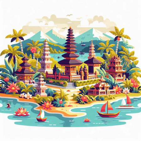 Buddhist temple on the shore of the lake, vector illustrationのイラスト素材