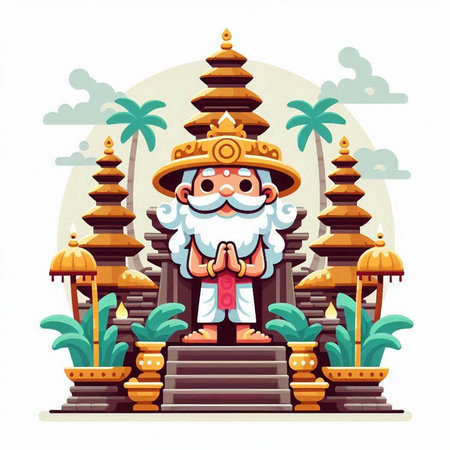 Vector illustration of a Hindu god sitting on the stairs in the temple.のイラスト素材
