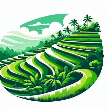 Rice terraces with palm trees in the background - vector illustrationのイラスト素材