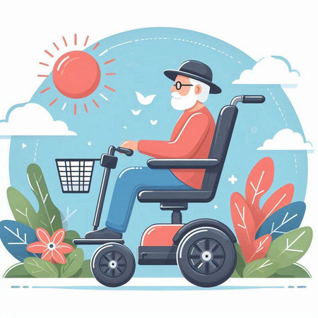 Elderly man in a wheelchair. Vector illustration in flat style.のイラスト素材