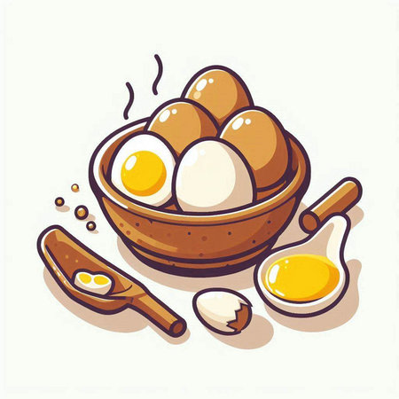 Boiled eggs in a wooden bowl with spoon and scoop of honey. Cartoon vector illustration.のイラスト素材