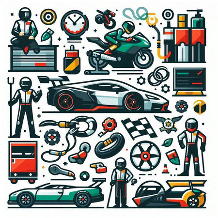 Car service and repair vector icons set. Automobile mechanic, auto mechanic, mechanic, motorcyclist, mechanic, mechanic, mechanic, repairman and mechanic.のイラスト素材