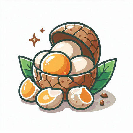 Illustration of a coconut fruit with leaves and eggs on a white backgroundのイラスト素材