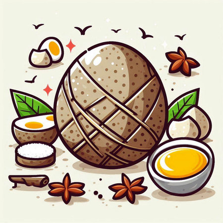 Illustration of a set of eggs and spices on a light backgroundのイラスト素材