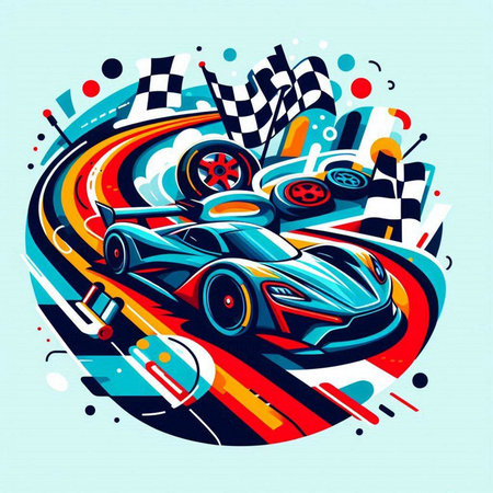 Vector illustration of sport car on race track background in pop art styleのイラスト素材