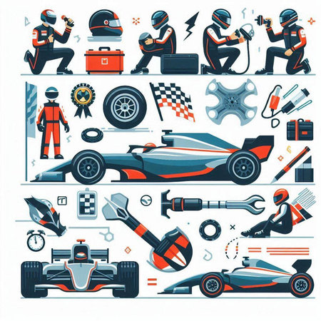 Set of racing car icons and elements. Vector illustration in flat styleのイラスト素材