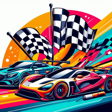 illustration of racing cars on the background of checkered flagのイラスト素材