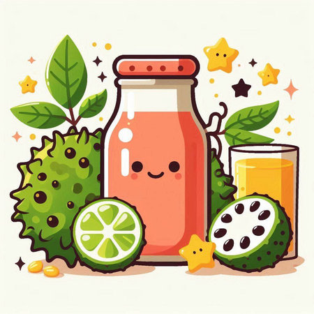 Cute vector illustration of a bottle of kawaii smoothie with ingredients.のイラスト素材
