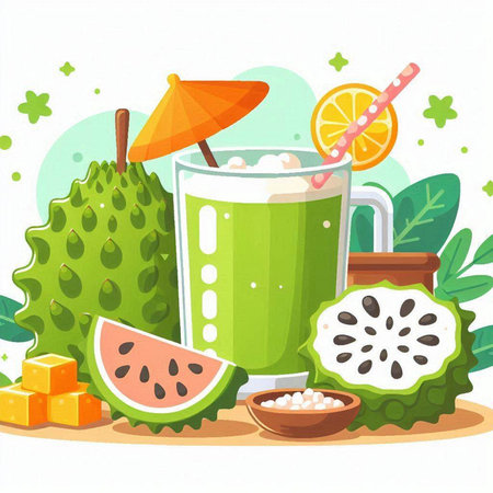 Vector illustration of green smoothie with watermelon, guava, guava and coconutのイラスト素材
