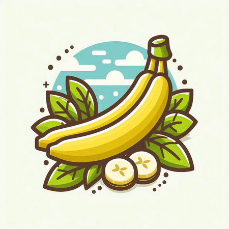 Banana fruit icon. Vector illustration of fresh bananas with leaves.のイラスト素材