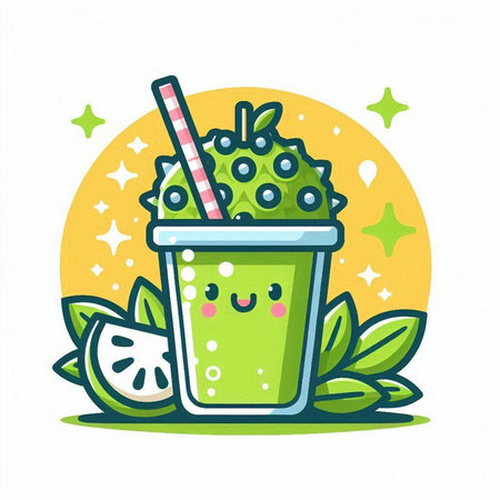 Fruit smoothie in cup with straw and green leaves. Vector illustration.のイラスト素材