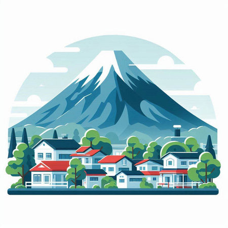 Mountain landscape with houses and trees. Vector illustration in flat styleのイラスト素材