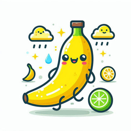Cute cartoon banana character with lemon and rain. Vector illustration.のイラスト素材