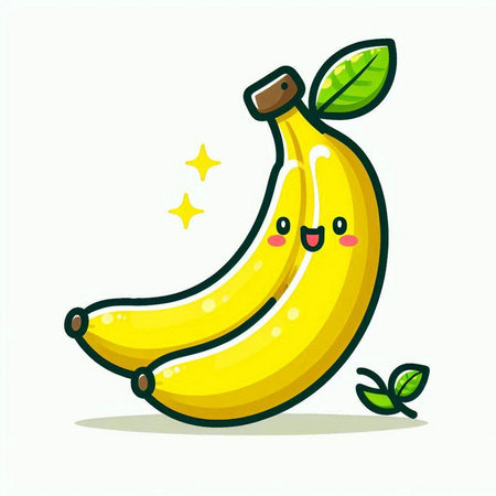 Cute cartoon banana character with green leaves. Vector illustration isolated on white background.のイラスト素材