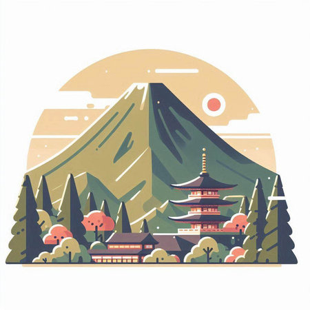 Landscape of mountain and pagoda in Japan. Vector illustration.のイラスト素材