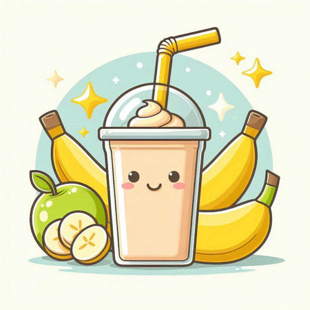 Cute banana smoothie cartoon vector illustration. Banana smoothie cartoon character.のイラスト素材