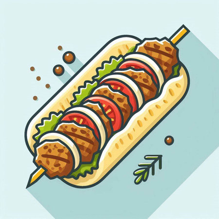 Illustration of hot dog with meat on skewer in flat styleのイラスト素材