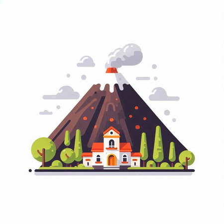 Volcano eruption. Flat vector illustration isolated on a white background.のイラスト素材