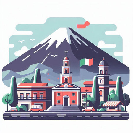 Mountain landscape with church and town. Vector illustration in flat styleのイラスト素材