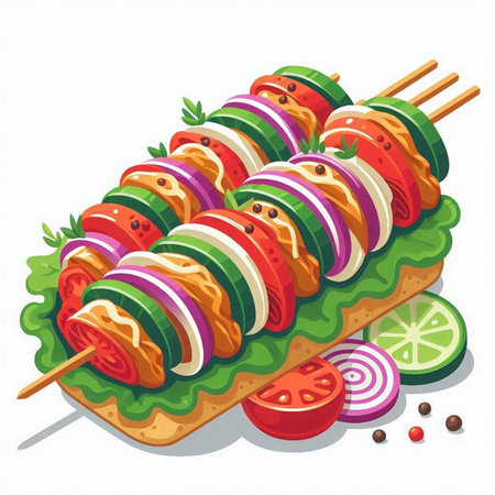 Shish kebab with vegetables on skewers. Vector illustrationのイラスト素材