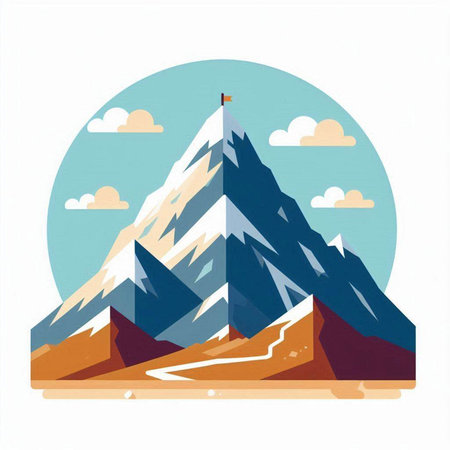 Mountain peak with flag on top in flat style. Vector illustration.のイラスト素材