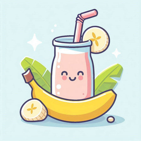 Cute banana smoothie character. Vector illustration in cartoon style.のイラスト素材