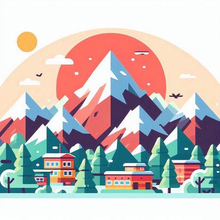 Mountain landscape with houses and trees. Vector illustration in flat styleのイラスト素材